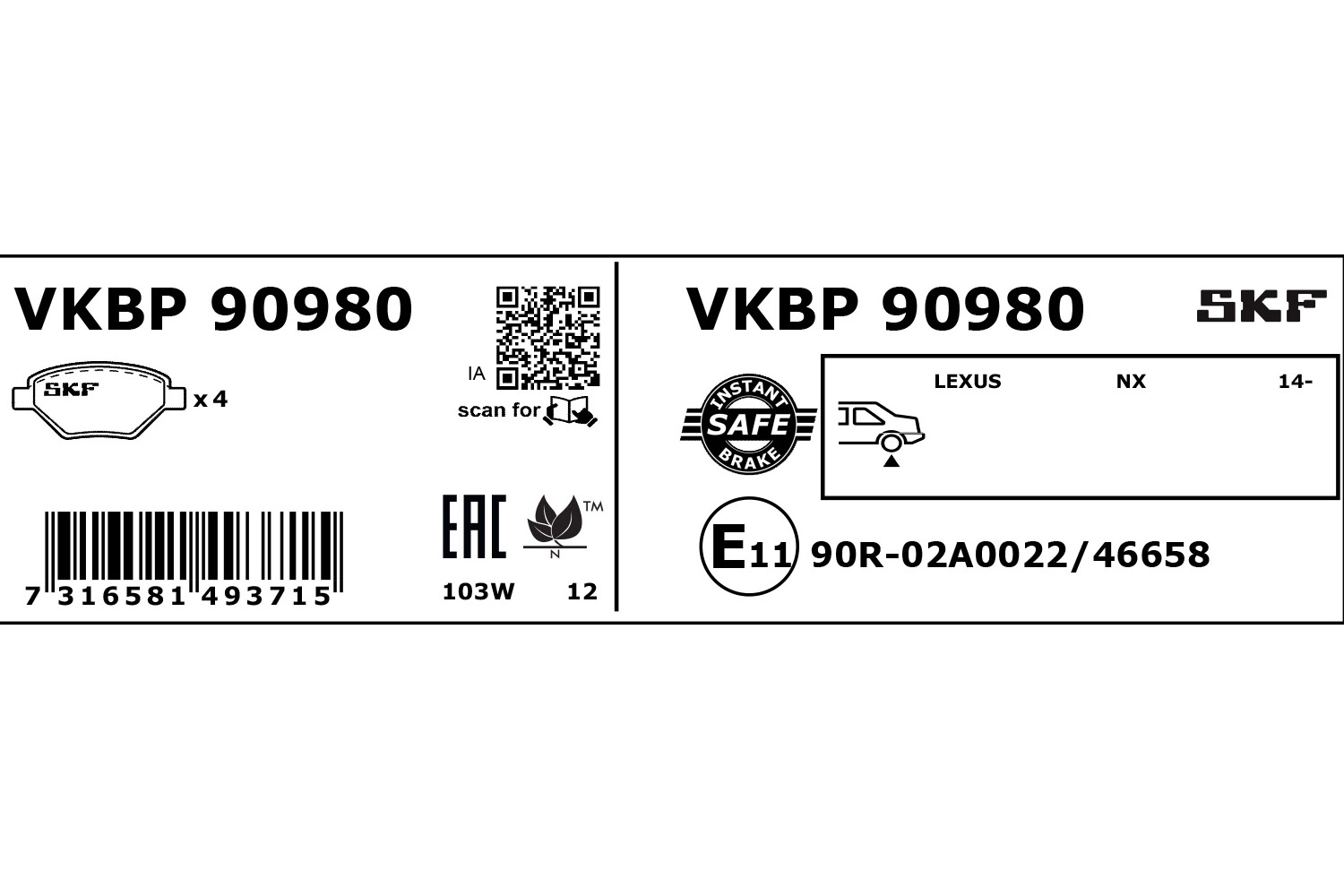 SKF VKBP 90980 Bremsbelagsatz, Scheibenbremse